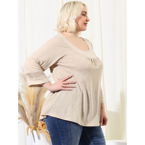 Women's Plus Size Crochet Panel Kimono Raglan Sleeves Tops Apricot - Picture 4 of 6